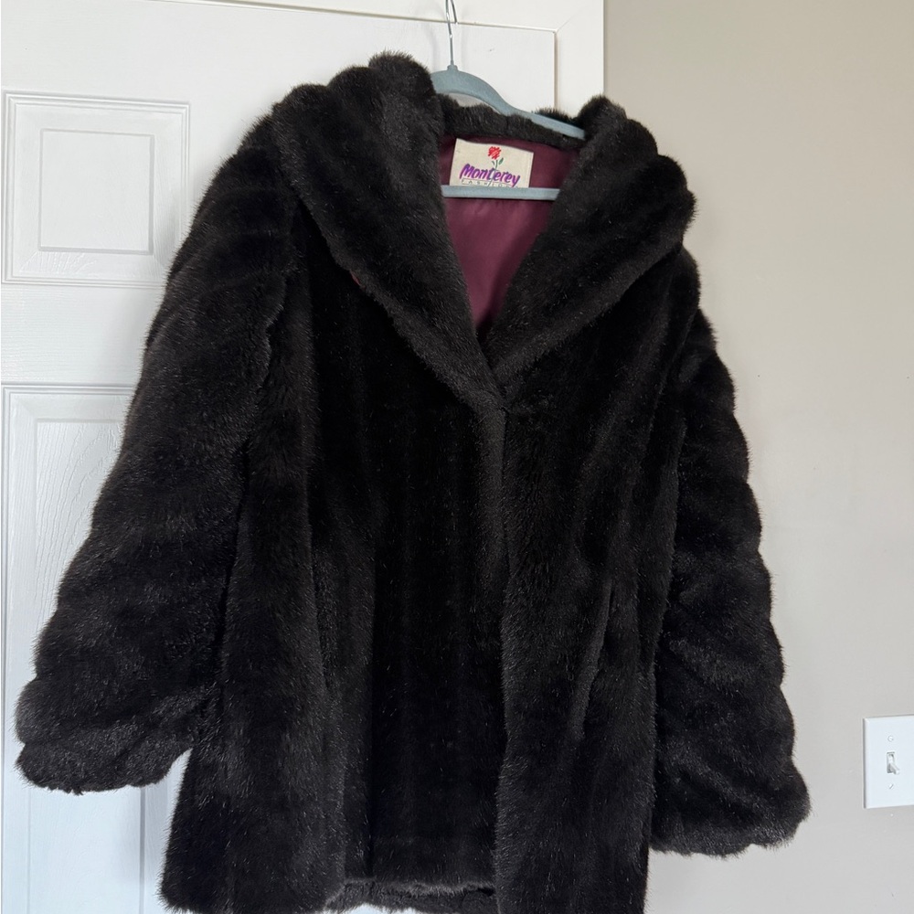 Monterey Fashion Faux Fur Black Coat Vintage Made in USA Size 14 - Picture 4 of 12